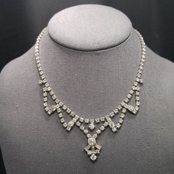 Vintage 1960s Clear Rhinestone Choker Necklace, Mid-Century Bridal Jewelry - Picture 1 of 10